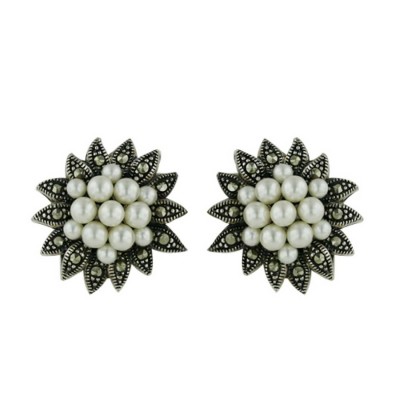 Marcasite Earring Marcasite Flower Multiple Pearl Center