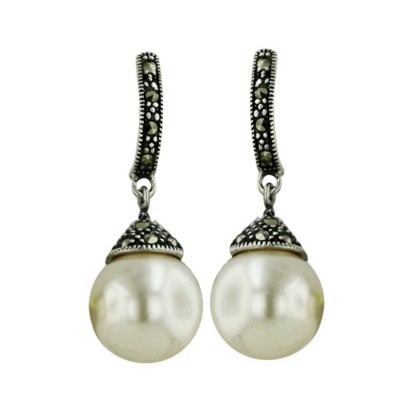 Marcasite Earring 12mm Glass Pearl Top Marcasite Line and Hub