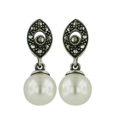 Marcasite Earring 10mm White Pearl Top Marcasite Open Marquis