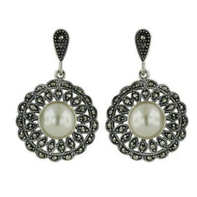 Marcasite Earring 10mm Faux Pearl Marquis Pattern Around