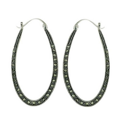 Marcasite Earring Elongated Oval Hoop with Latch Hook