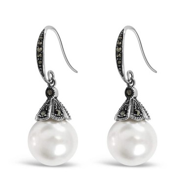Marcasite Earring Faux Pearl 14 Mm With Marcasite Flower