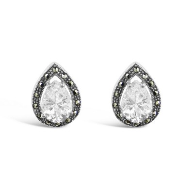 MARCASITE EARRING STUD TEAR DROP CLEAR CUBIC ZIRCONIA MARCASITE WRAP