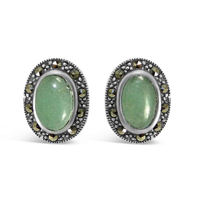 Marcasite Earring Small Oval Stud Green Aventurine