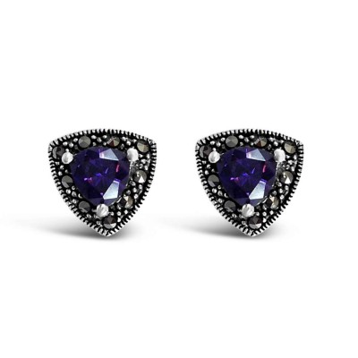 Marcasite Earring Stud Triangel Amethyst Cubic Zirconia