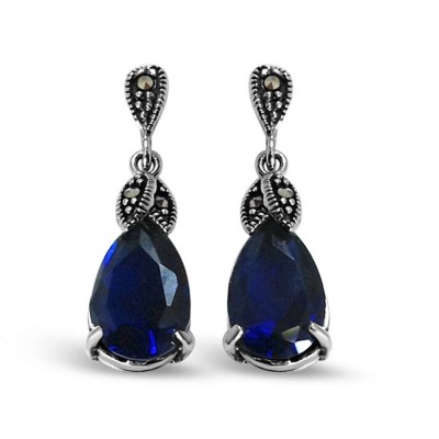 Marcasite Earring Dangling Tear Drop Top Sapphire Glass T