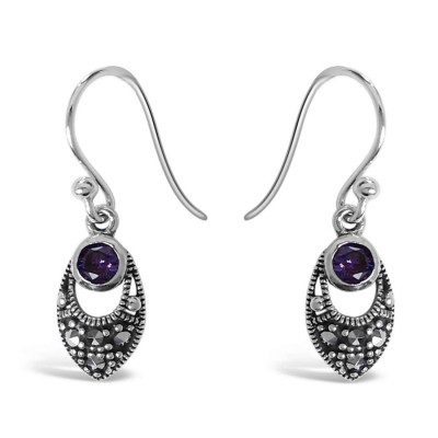 Marcasite Earring Marquis Round Amethyst Cubic Zirconia Top