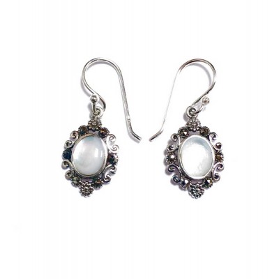 Marcasite Earring Oval White Mother Of Pearl Wavy Flower
