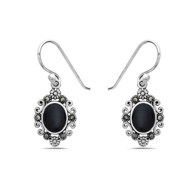 Marcasite Earring Oval Reconstituent Onyx Wavy Flowers P