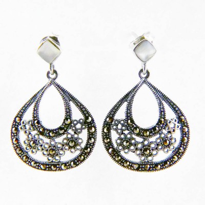 Marcasite EARRING FILIGREE FLOWER TEAR DROP MOTHER OF PEA