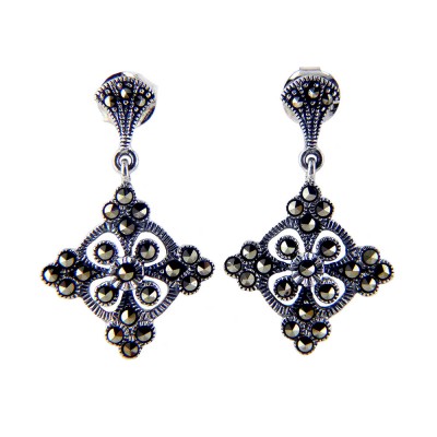 Marcasite EARRING DANGLE DIAMOND SHAPE 4 PETALS FLOWERS C