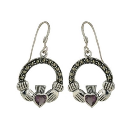Marcasite Earring Amethyst Cubic Zirconia Heart Cladd