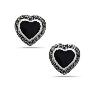 Marcasite Earring Onyx Heart Button