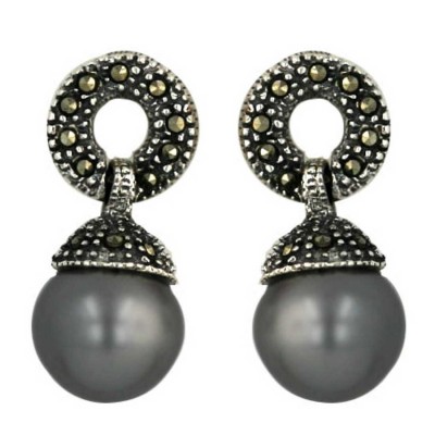 Marcasite Earring Link+12mm Gry Pearl