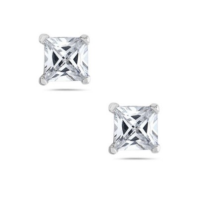 Sterling Silver Earring 7Mm Clear Cubic Zirconia Square Princess Cut Stud