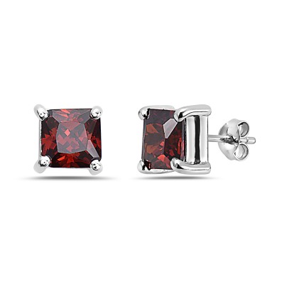 Sterling Silver Earring 8Mmx8Mm Square Garnet Cubic Zirconia Stud