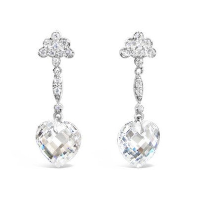 Sterling Silver Earring Flower Top Heart Clear Cubic Zirconia Drop