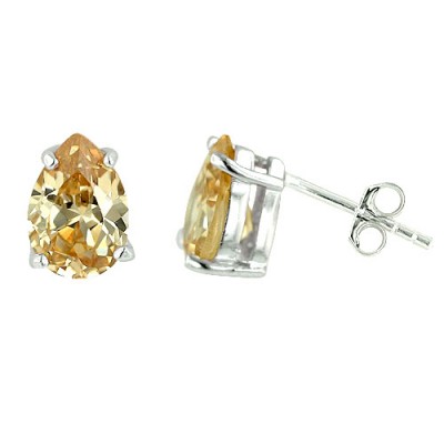 Sterling Silver Earring Champagne Cubic Zirconia Tear Drop Stud 6X9 mm