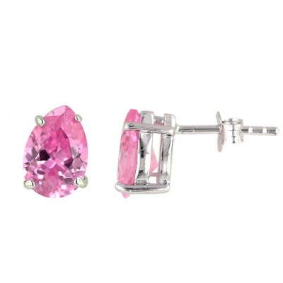 Sterling Silver Earring Pink Cubic Zirconia Tear Drop Stud 6X9mm