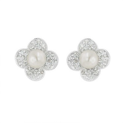 Sterling Silver Earring White Faux Pearl 6-7 mm with 4 Pave Cubic Zirconia Peta