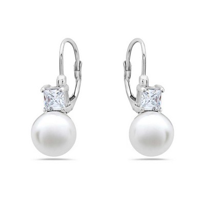 Sterling Silver Earring 4X4mm Princess Cut Square Cubic Zirconia +Faux Pearl with L