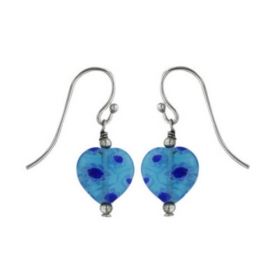 Sterling Silver Earg Blue Murano Glass Heart W/ French Wire