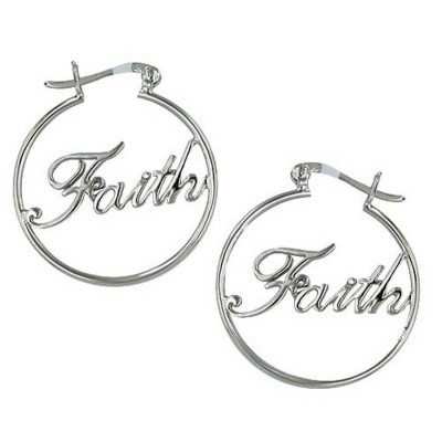 Sterling Silver Earring 25mm Circle Latch Hoop with Word'G 'Faith'