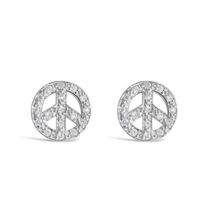 Sterling Silver Earring (W=13.5mm) Clear Cubic Zirconia Peace Symbol