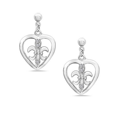 Sterling Silver Earring Open Heart with Cubic Zirconia Fleur De Lis Dangle