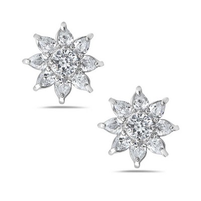 Sterling Silver Earring 8 Clear Cubic Zirconia Tear Drop Petals Flower 6S-865Cl