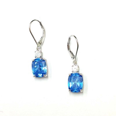 Sterling Silver Earring 3mm Top+10X8mm Oval Blue Topaz Cubic Zirconia