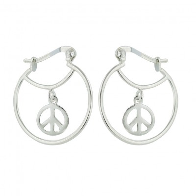 Sterling Silver Earring 22.5mm Circle Latch Hoop with Open Peace Sym