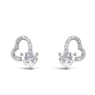 Sterling Silver Earring Clear Cubic Zirconia Open Heart+8X8mm Clear Cubic Zirconia Heart