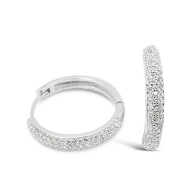 STERLING SILVER EARRING HOOP PAVE CUBIC ZIRCONIA ROUND