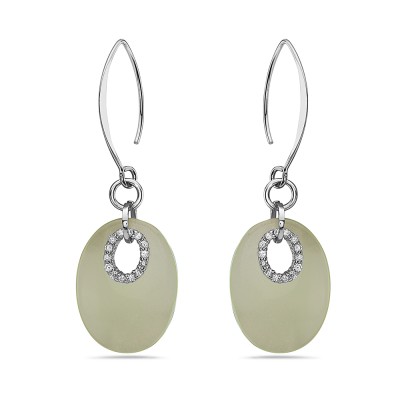 Sterling Silver EARRING 24X18MM NATURAL GREEN JADE OVAL W/CLEAR Cubic Zirconia ALMOND HOOK-2S-4714JCL-2