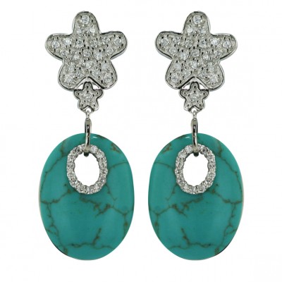 Sterling Silver Earring 24X18mm Faux Turquoise Oval with Clear Cubic Zirconia Flower Top