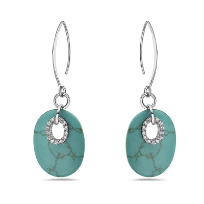 Sterling Silver EARRING 24X18MM FAUX TURQUOISE OVAL W/CLEAR Cubic Zirconia WITH ALMOND HOOK-2S-4714TQCL-2