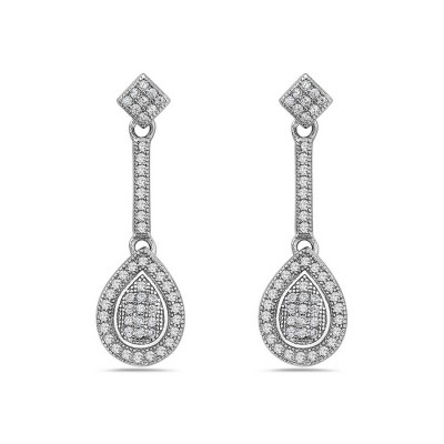 Sterling Silver Earring Micropave Clear Cubic Zirconia Square+Long Bar+Tear Drop