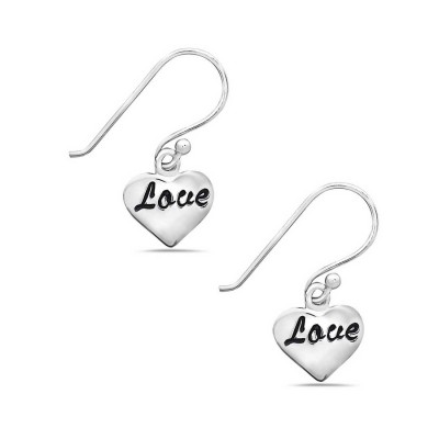 Sterling Silver Earring Plain Heart with Oxidized Word "Love"--E-coated/Nickle Free