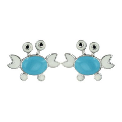 Sterling Silver Earring Turquoise Blue+White Enamel Crab with Black Eyes