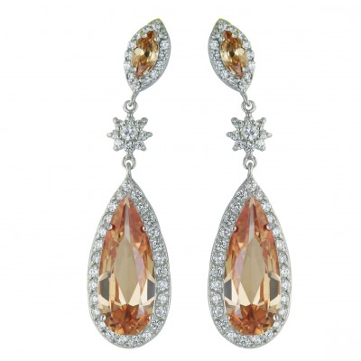 Sterling Silver Earring Marquis+Flower+Tear Drop Champagne/Clear Cubic Zirconia Drop