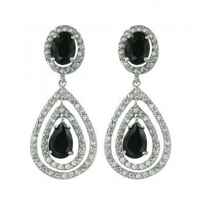 Sterling Silver Earring 23X15mm Black Cubic Zirconia Tear Drop with 2 Open Cubic Zirconia Layer+12