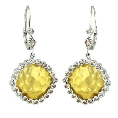 Sterling Silver Earring 17X17mm 2 Tone Gold Rhombus with Champagne Cubic Zirconia Around