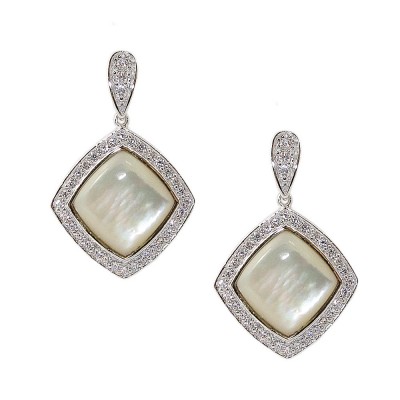 Sterling Silver Earring Mother of Pearl Rhombus Clear Cubic Zirconia Outlin