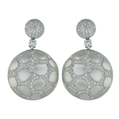 Sterling Silver Earring L=45mm Clear Cubic Zirconia Round+Satin Finish Rhodium Plating Plat
