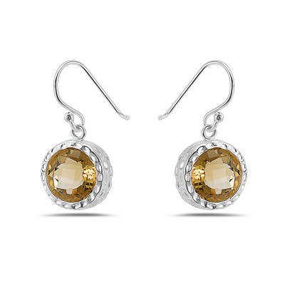 Sterling Silver Earring 13mm Citrine Gem Stone Round Chess Cut Hammerre