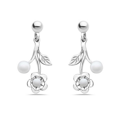 Sterling Silver Earring 4+2.5mm White Fresh Water Pearl with Flower+Line Texture Leaf