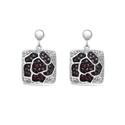 Sterling Silver Earring 14X14mm Garnet Cubic Zirconia Rose with Black Rhodium Plating+Clear Cubic Zirconia Around