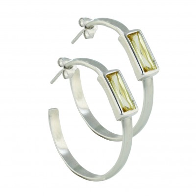 Sterling Silver Earring 29mm Post "C" Hoop 12X6mm Citrine Cubic Zirconia Baguette P