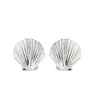 Sterling Silver Stud Earring of Seashells with Clear Cubic Zirconia
